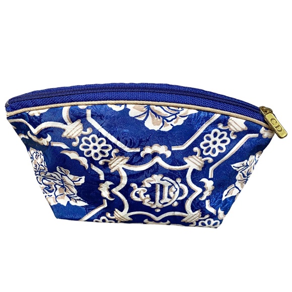 VTG Christian Dior Blue Monogram Logo Floral Print Small Makeup Pouch Bag - Picture 2 of 10
